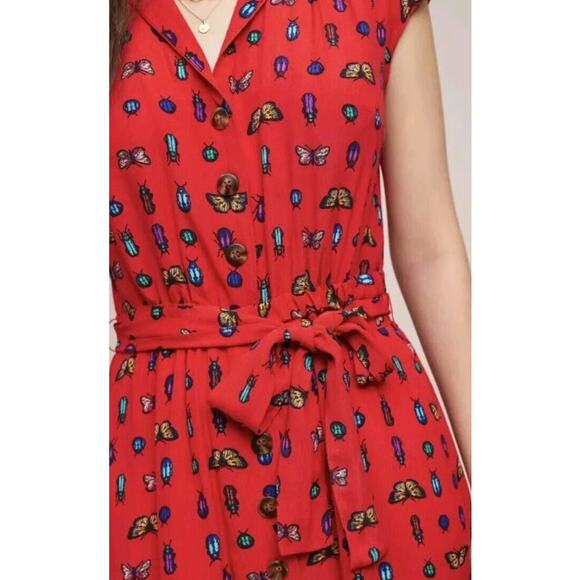 Anthropologie 31 of 52 Conversations Bug Print Shirt Dress Red Size 14 - Picture 2 of 12
